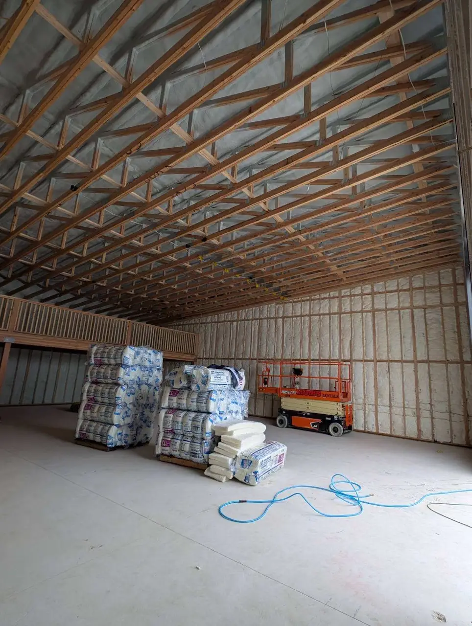 Spray foam equipment warming up before insulating 16000 square foot warehouse in Kalispell Montana